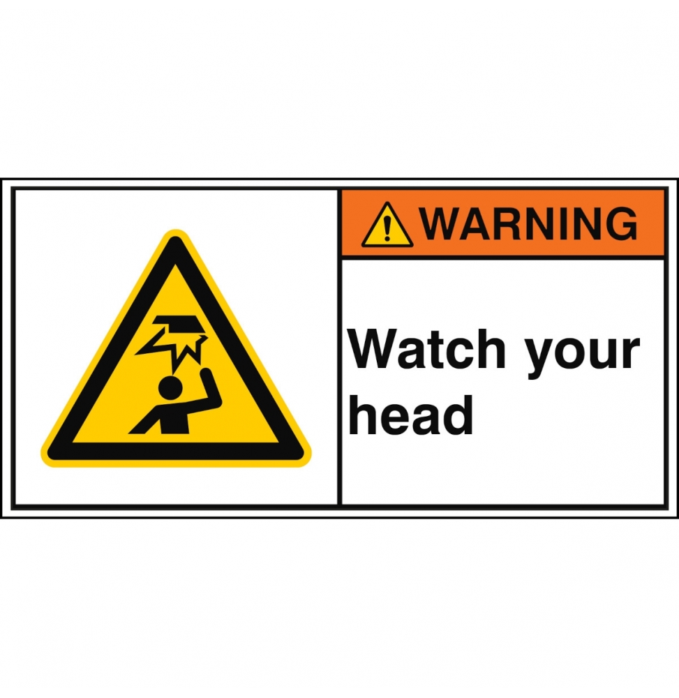 Znak bezpieczeństwa ISO – Uwaga na głowę, W/W020/EN439-PEUL-100X50/1-B