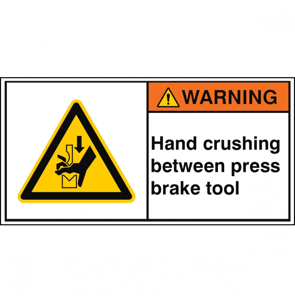 Znak bezpieczeństwa ISO – Ostrzeżenie przed zgnieceniem dłoni między prasą i …, W/W030/EN513-PEUL-100X50/1-B