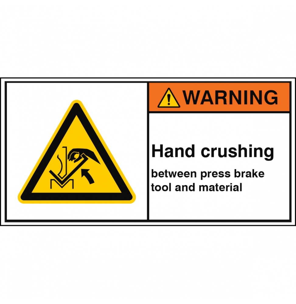 Znak bezpieczeństwa ISO – Ostrzeżenie przed zgnieceniem dłoni między prasą i …, W/W031/EN514-PEUL-100X50/1-B