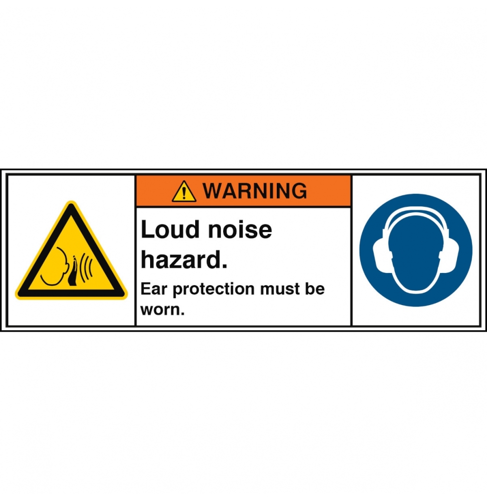 Znak bezpieczeństwa ISO – Niebezpieczeństwo hałasu o dużym natężeniu. Stosowa…, W/W038/M003/EN380-PEUL-150X50/1-B