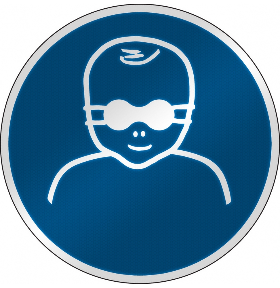 Znak bezpieczeństwa ISO – Nakaz stosowania u niemowląt okularów ochronnych, M/M025/NT/RFL-DIA395-1