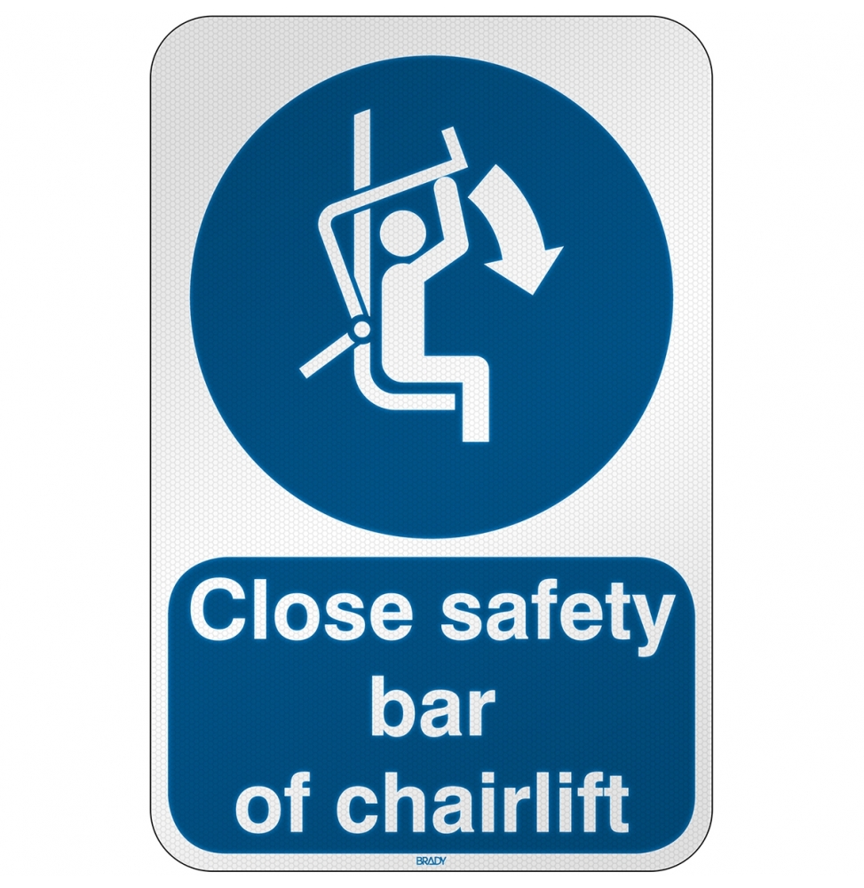 Znak bezpieczeństwa ISO – Nakaz zamknięcia zabezpieczenia krzesełka wyciągu, M/M033/EN451/RFL-390X590-1