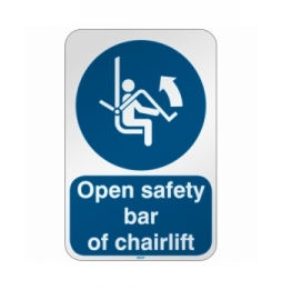 Znak bezpieczeństwa ISO – Nakaz otwarcia zabezpieczenia krzesełka wyciągu, M/M034/EN452/RFL-390X590-1