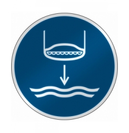 Znak bezpieczeństwa ISO – Opuścić na wodę łódź ratunkową zgodnie z procedurą …, M/M039/NT/RFL-DIA395-1