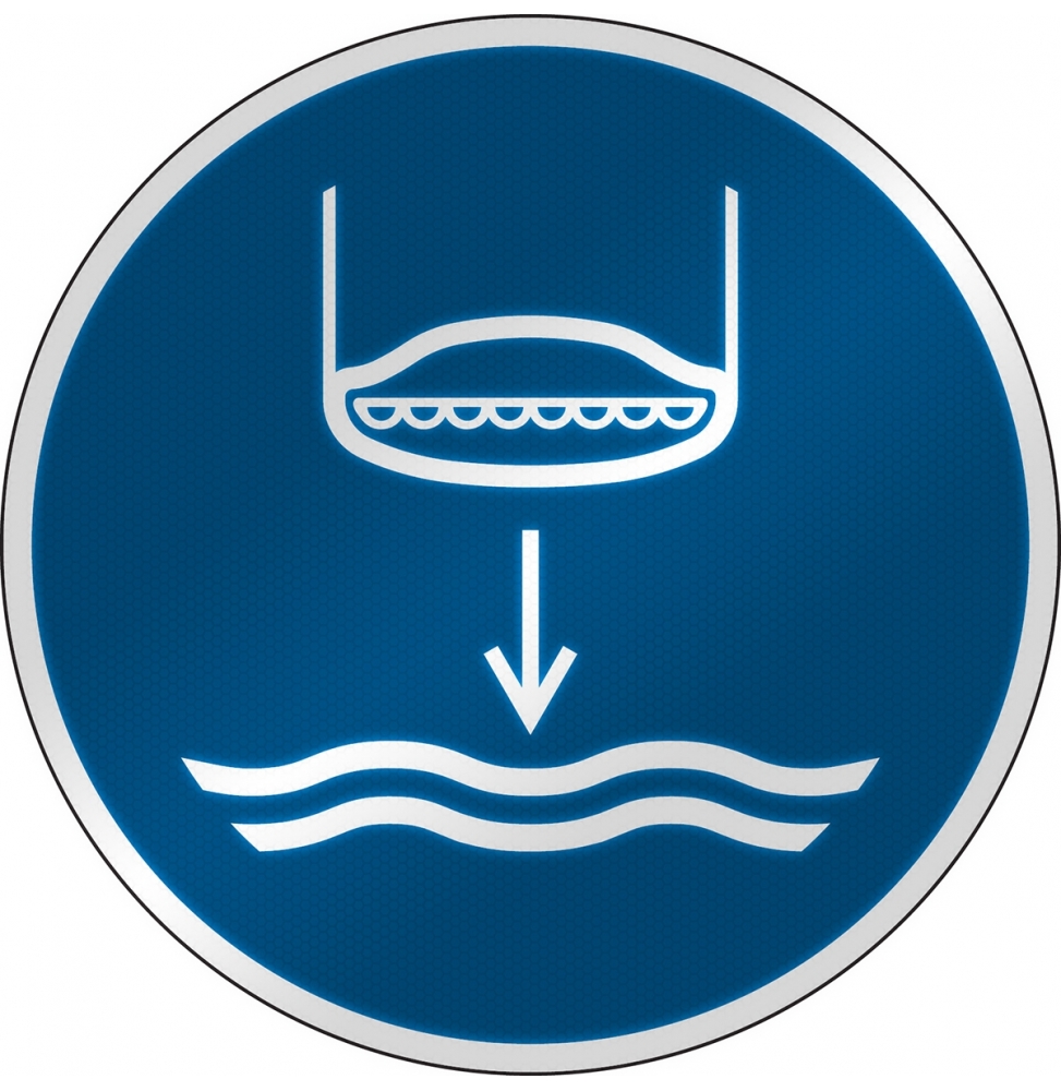 Znak bezpieczeństwa ISO – Opuścić na wodę łódź ratunkową zgodnie z procedurą …, M/M039/NT/RFL-DIA395-1