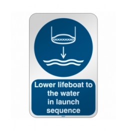 Znak bezpieczeństwa ISO – Opuścić na wodę łódź ratunkową zgodnie z procedurą …, M/M039/EN457/RFL-390X590-1