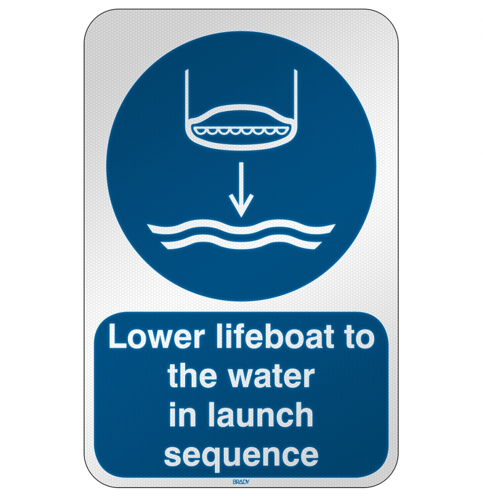 Znak bezpieczeństwa ISO – Opuścić na wodę łódź ratunkową zgodnie z procedurą …, M/M039/EN457/RFL-390X590-1
