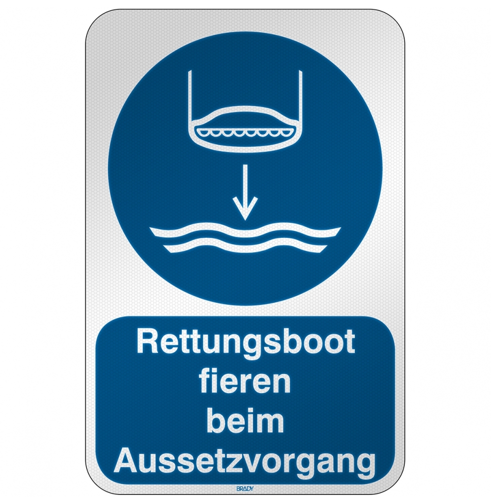 Znak bezpieczeństwa ISO – Opuścić na wodę łódź ratunkową zgodnie z procedurą …, M/M039/DE322/RFL-390X590-1