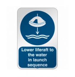 Znak bezpieczeństwa ISO –  Opuścić na wodę tratwę ratunkową zgodnie z procedu…, M/M040/EN458/RFL-390X590-1