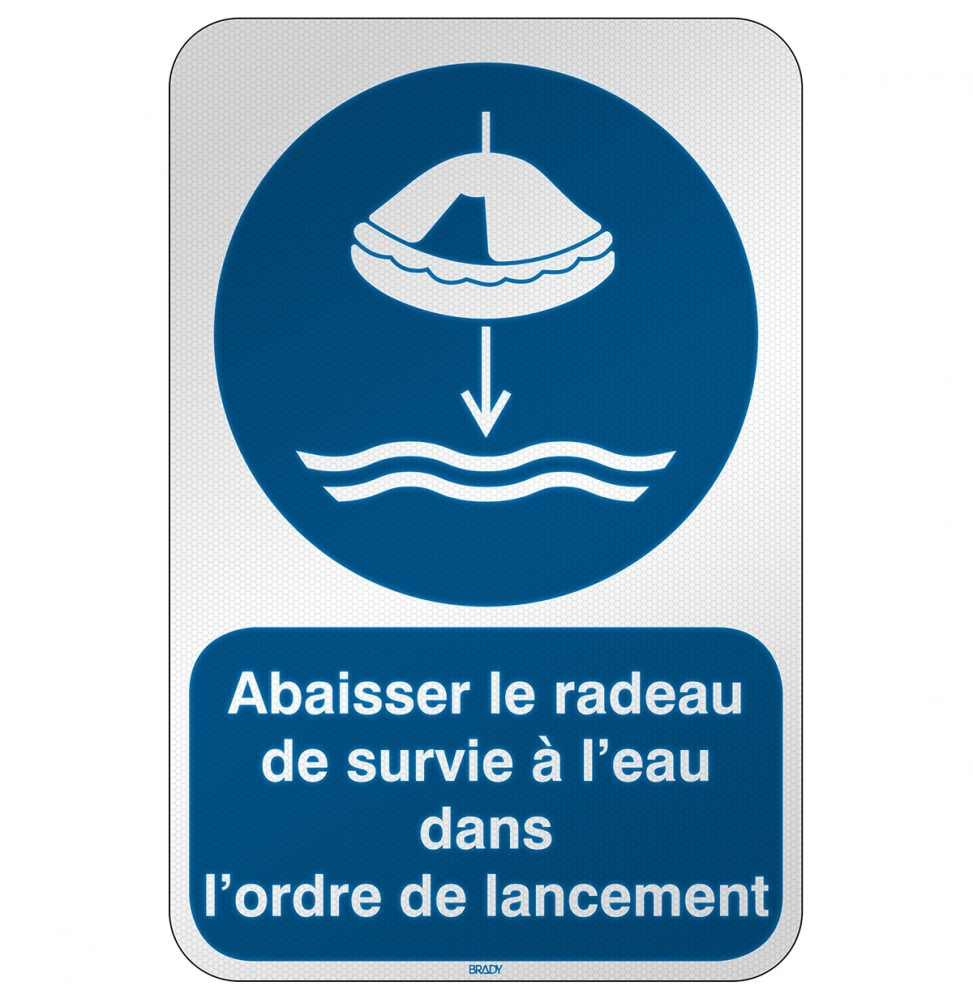 Znak bezpieczeństwa ISO –  Opuścić na wodę tratwę ratunkową zgodnie z procedu…, M/M040/FR676/RFL-390X590-1
