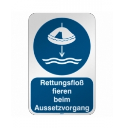 Znak bezpieczeństwa ISO –  Opuścić na wodę tratwę ratunkową zgodnie z procedu…, M/M040/DE323/RFL-390X590-1
