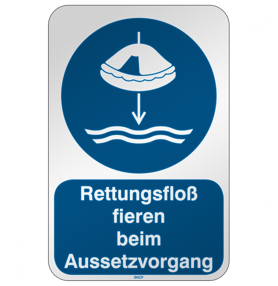 Znak bezpieczeństwa ISO –  Opuścić na wodę tratwę ratunkową zgodnie z procedu…, M/M040/DE323/RFL-390X590-1