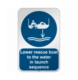 Znak bezpieczeństwa ISO – Opuścić na wodę łódź ratowniczą zgodnie z procedurą…, M/M041/EN459/RFL-390X590-1