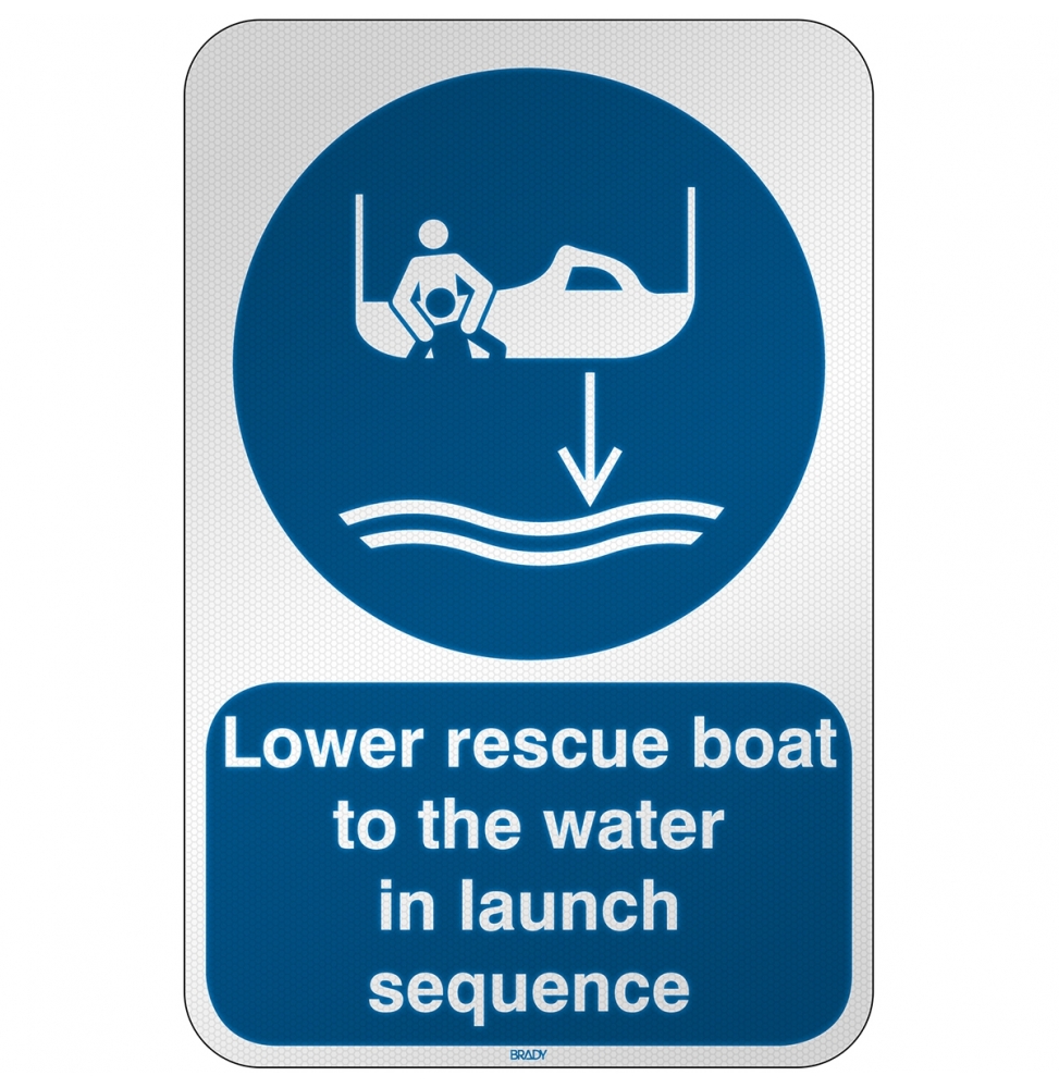 Znak bezpieczeństwa ISO – Opuścić na wodę łódź ratowniczą zgodnie z procedurą…, M/M041/EN459/RFL-390X590-1