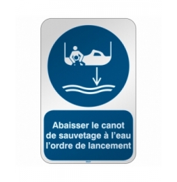 Znak bezpieczeństwa ISO – Opuścić na wodę łódź ratowniczą zgodnie z procedurą…, M/M041/FR677/RFL-390X590-1