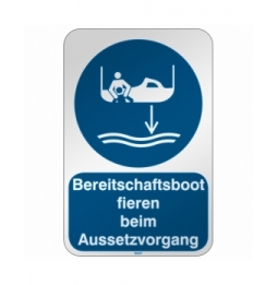 Znak bezpieczeństwa ISO – Opuścić na wodę łódź ratowniczą zgodnie z procedurą…, M/M041/DE324/RFL-390X590-1