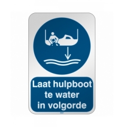 Znak bezpieczeństwa ISO – Opuścić na wodę łódź ratowniczą zgodnie z procedurą…, M/M041/NL407/RFL-390X590-1