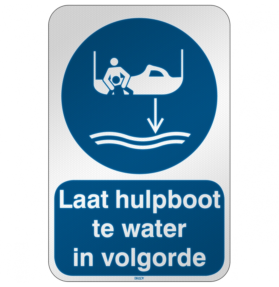Znak bezpieczeństwa ISO – Opuścić na wodę łódź ratowniczą zgodnie z procedurą…, M/M041/NL407/RFL-390X590-1