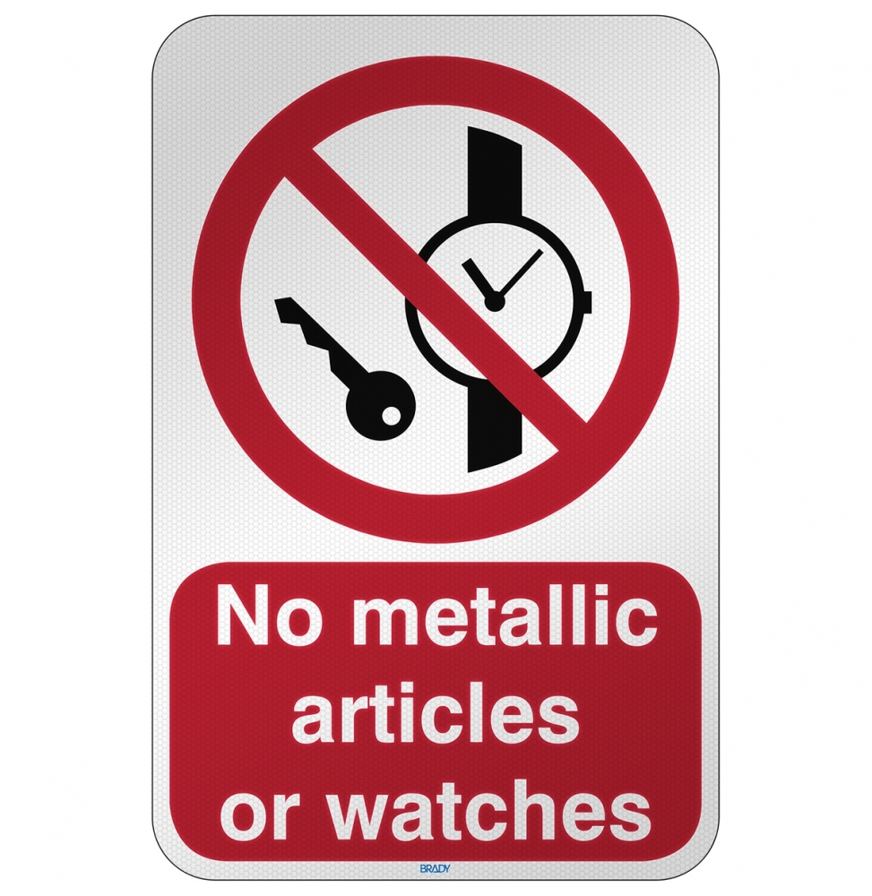Znak bezpieczeństwa ISO - Zakaz wstępu z przedmiotami metalowymi i zegarkami, P/P008/EN211/RFL-390X590-1