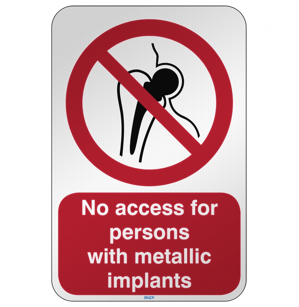 Znak bezpieczeństwa ISO - Zakaz wstępu osobom z metalowymi implantami, P/P014/EN204/RFL-390X590-1