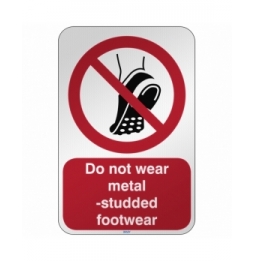 Znak bezpieczeństwa ISO - Zakaz wchodzenia w obuwiu z metalową podeszwą, P/P035/EN527/RFL-390X590-1