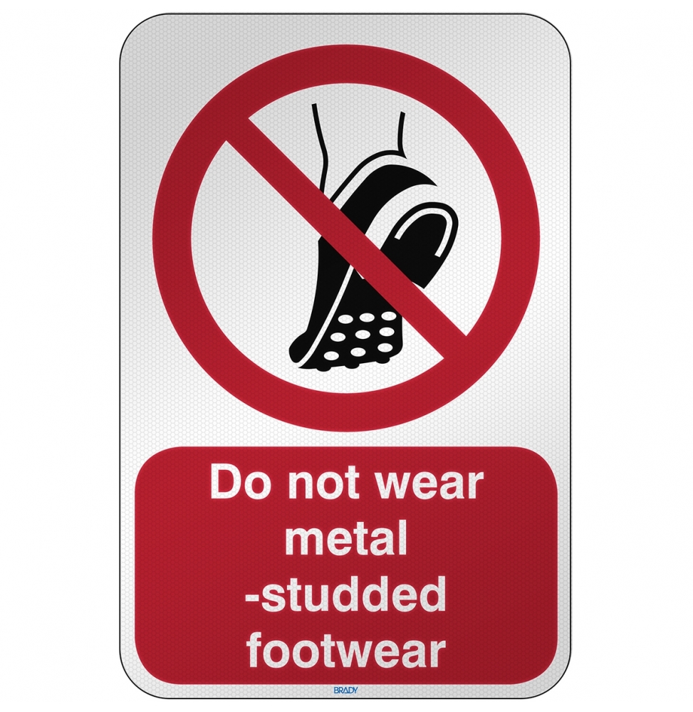 Znak bezpieczeństwa ISO - Zakaz wchodzenia w obuwiu z metalową podeszwą, P/P035/EN527/RFL-390X590-1