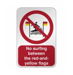 Znak bezpieczeństwa ISO - Zakaz surfowania między czerwonymi a żółtymi flagami, P/P064/EN482/RFL-390X590-1