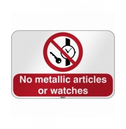 Znak bezpieczeństwa ISO - Zakaz wstępu z przedmiotami metalowymi i zegarkami, P/P008/EN211/RFL-590X390-1