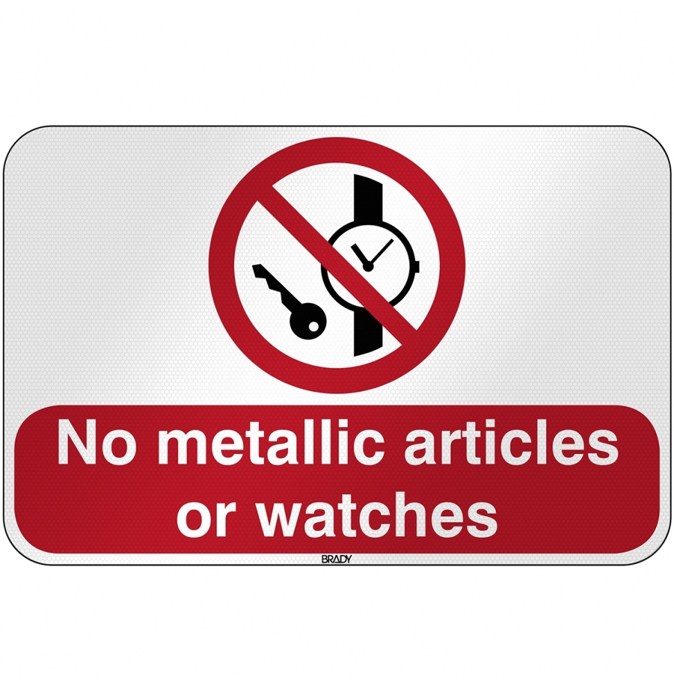 Znak bezpieczeństwa ISO - Zakaz wstępu z przedmiotami metalowymi i zegarkami, P/P008/EN211/RFL-590X390-1