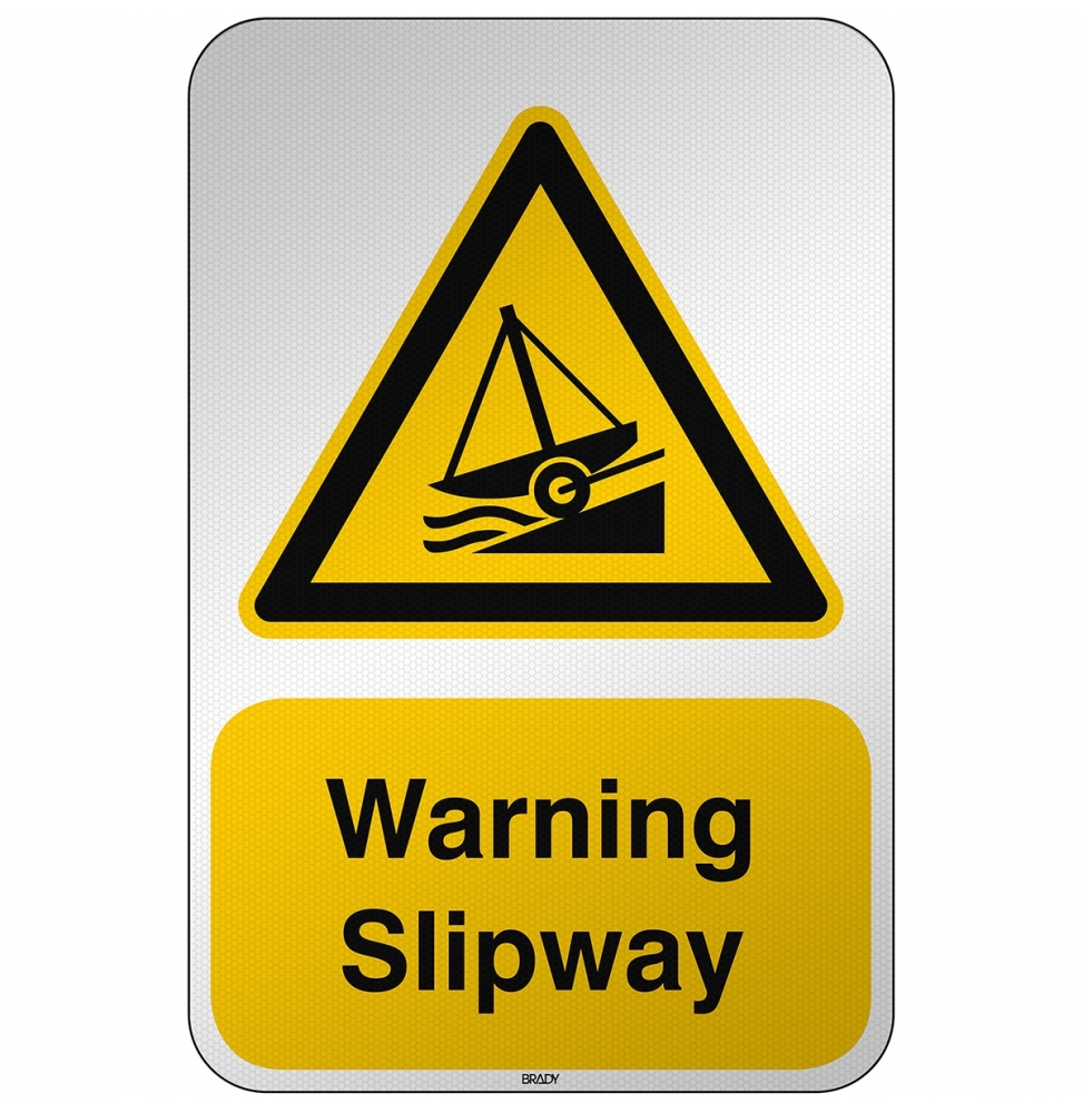 Znak bezpieczeństwa ISO - Ostrzeżenie przed pochylnią okrętową, W/W044/EN487/RFL-390X590-1