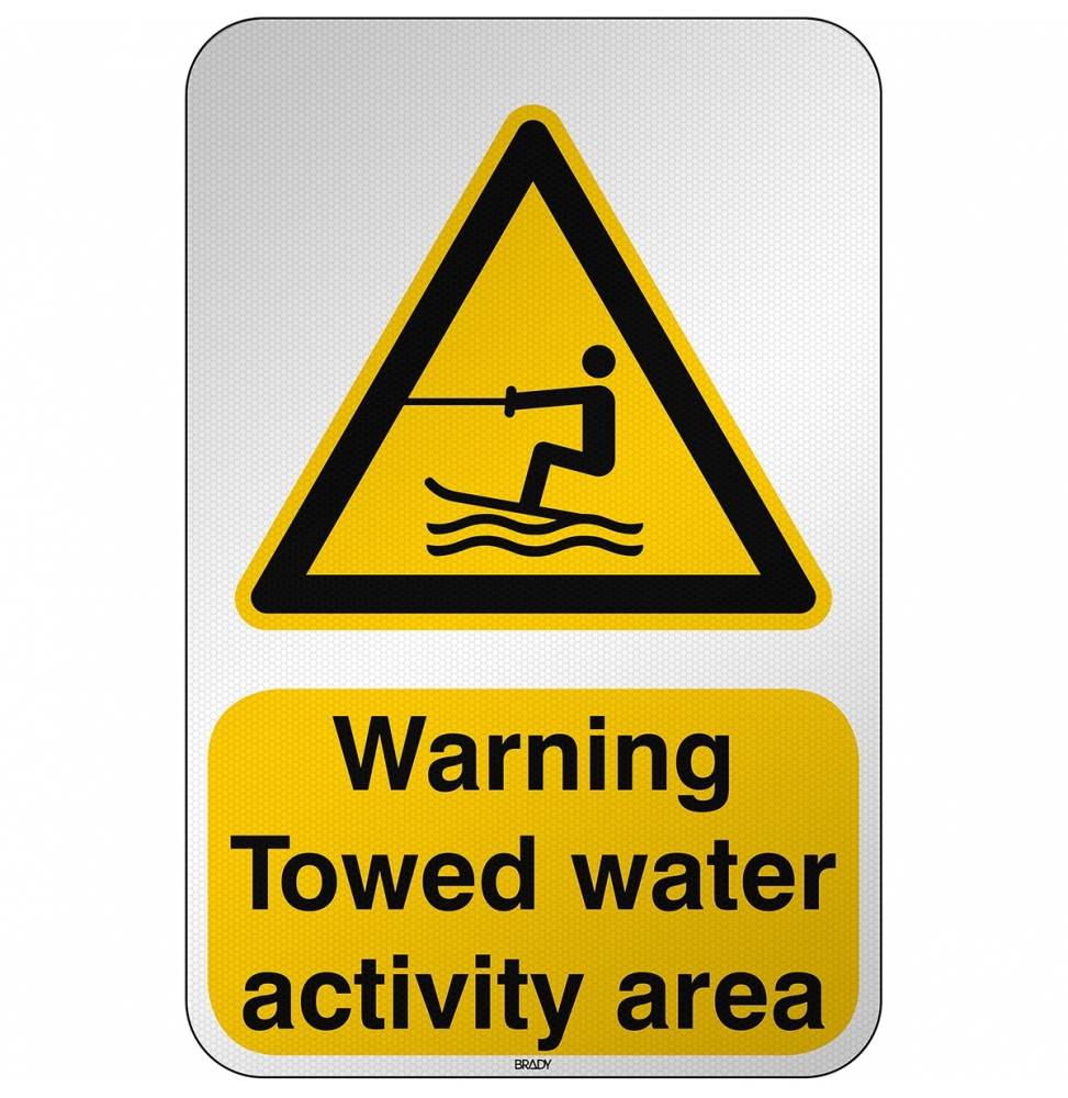 Znak bezpieczeństwa ISO - Ostrzeżenie przed strefą holowania narciarzy wodnych, W/W045/EN488/RFL-390X590-1