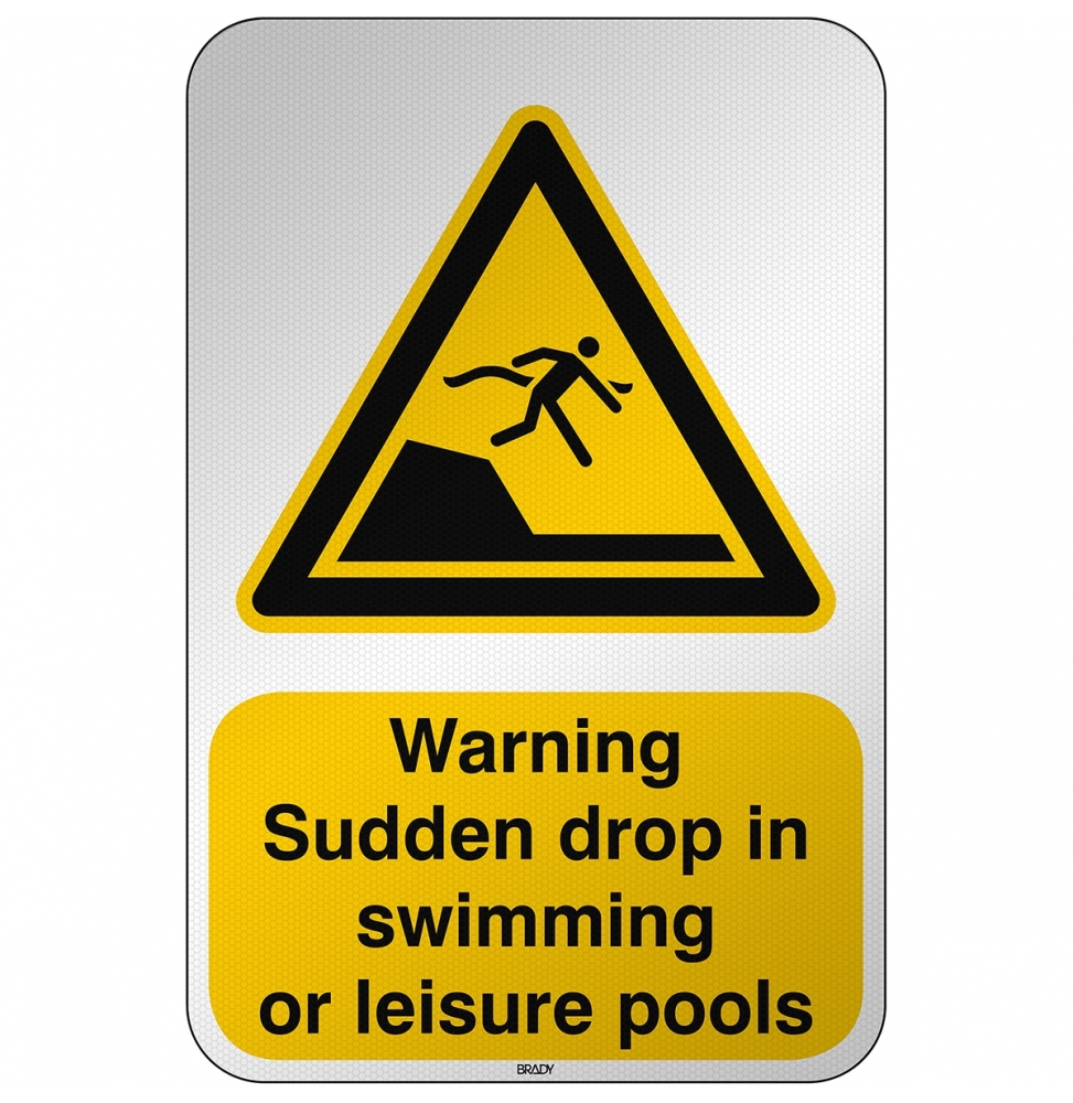 Ostrzeżenie przed nagłym uskokiem dna w basenach pływackich lub rekreacyjnych, W/W050/EN493/RFL-390X590-1