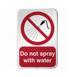 Znak bezpieczeństwa ISO – Zakaz rozpylania wody, P/P016/EN408/RFLBD-400X600-1