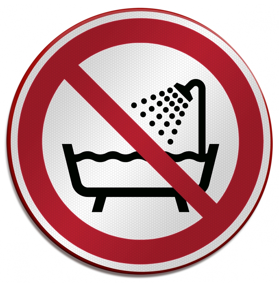 Znak bezpieczeństwa ISO – Zakaz używania urządzenia w wannie, pod prysznicem …, P/P026/NT/RFLBD-DIA400-1