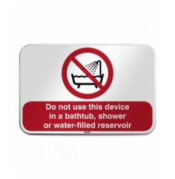 Znak bezpieczeństwa ISO – Zakaz używania urządzenia w wannie, pod prysznicem …, P/P026/EN169/RFLBD-600X400-1