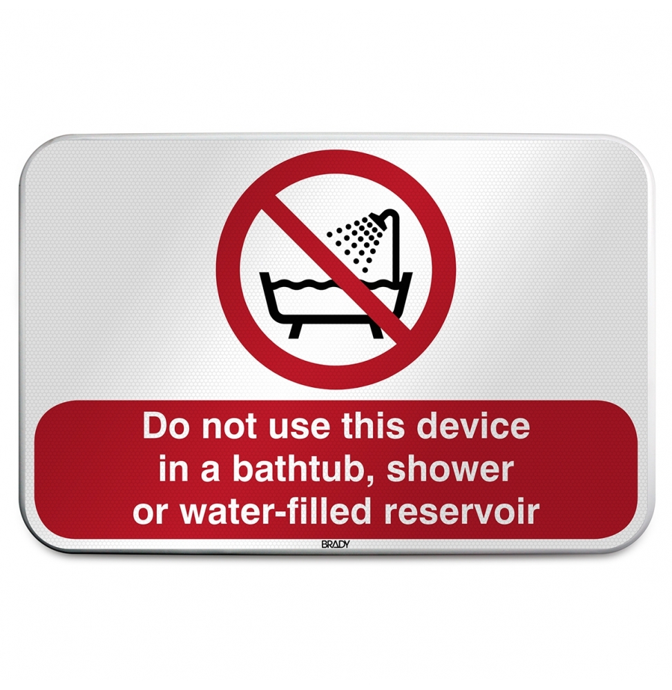 Znak bezpieczeństwa ISO – Zakaz używania urządzenia w wannie, pod prysznicem …, P/P026/EN169/RFLBD-600X400-1