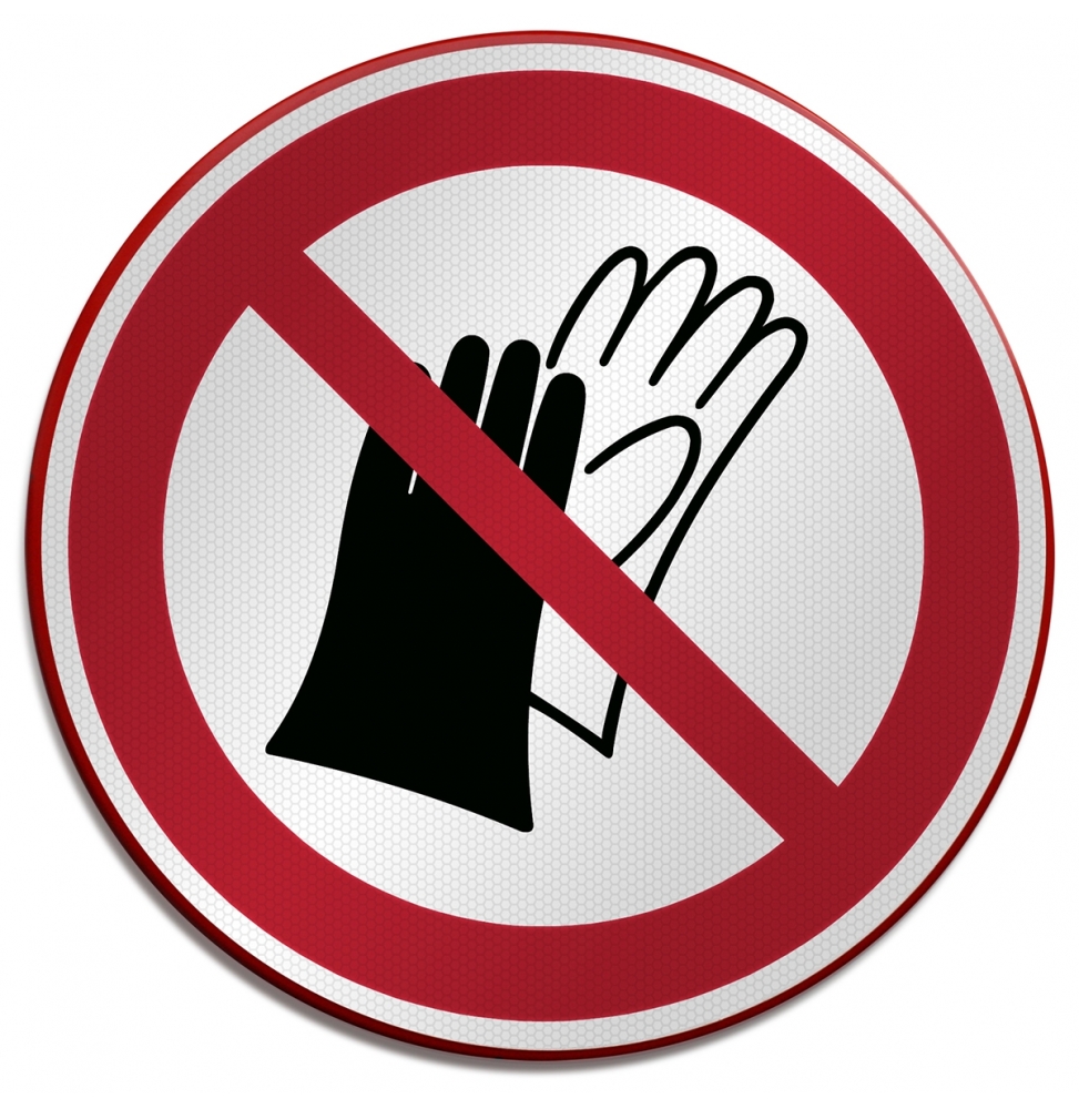 Znak bezpieczeństwa ISO – Nie używać rękawic roboczych, P/P028/EN174/RFLBD-400X600-1