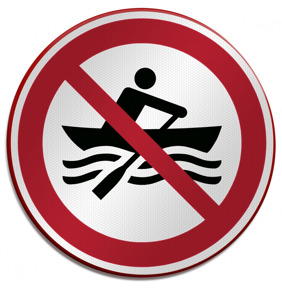 Znak bezpieczeństwa ISO – Zakaz używania łodzi wiosłowych, P/P055/FR691/RFLBD-400X600-1