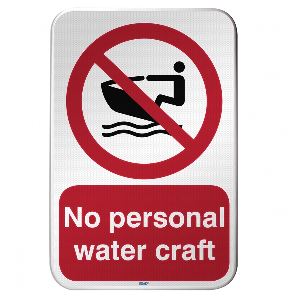 Znak bezpieczeństwa ISO – Zakaz używania skuterów wodnych, P/P057/DE340/RFLBD-400X600-1