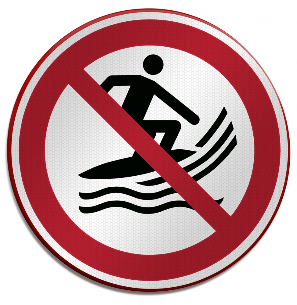 Znak bezpieczeństwa ISO – Zakaz używania desek do surfingu, P/P059/FR695/RFLBD-400X600-1