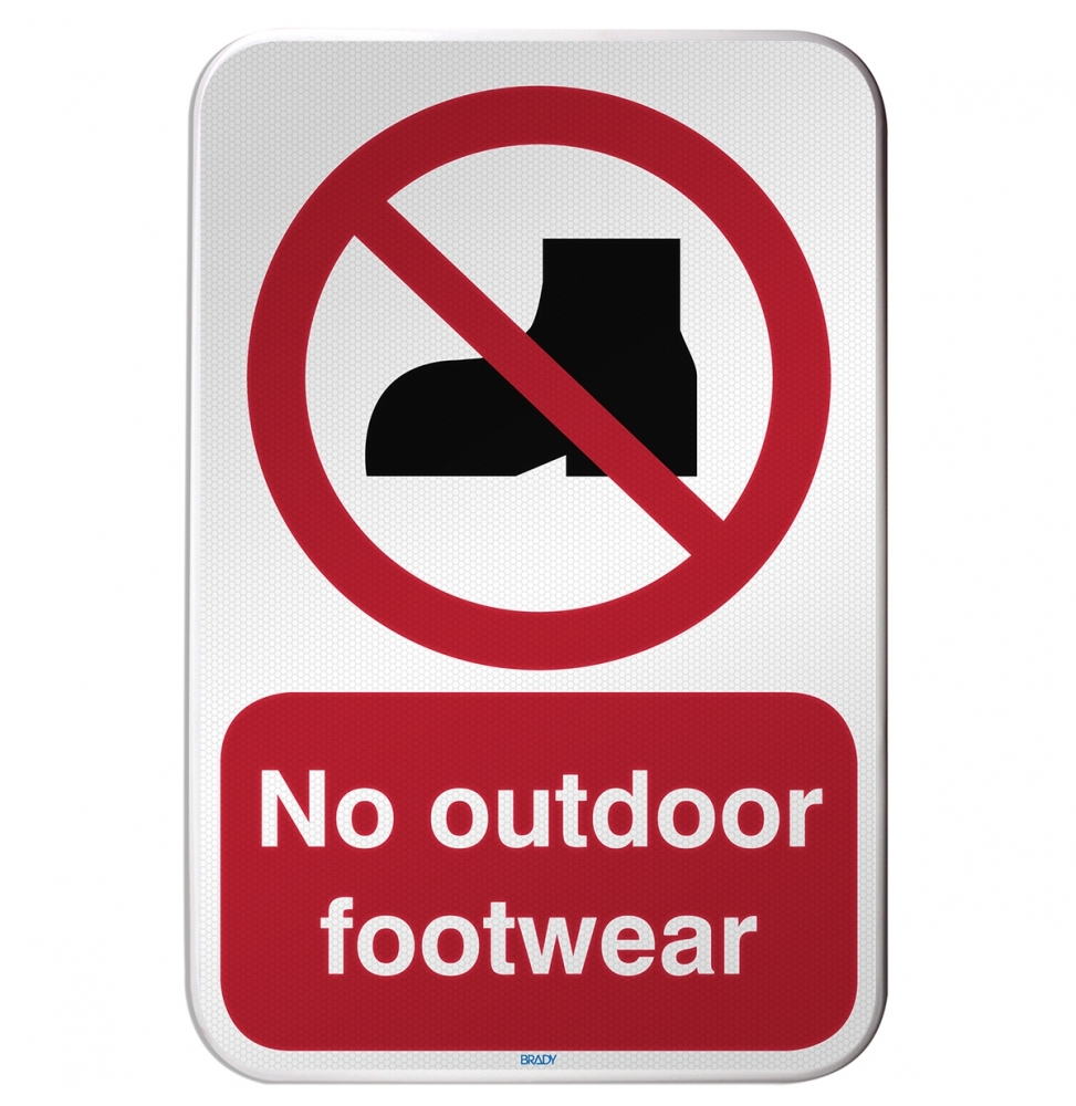 Znak bezpieczeństwa ISO – Zakaz używania obuwia do użytku zewnętrznego, P/P060/DE343/RFLBD-400X600-1