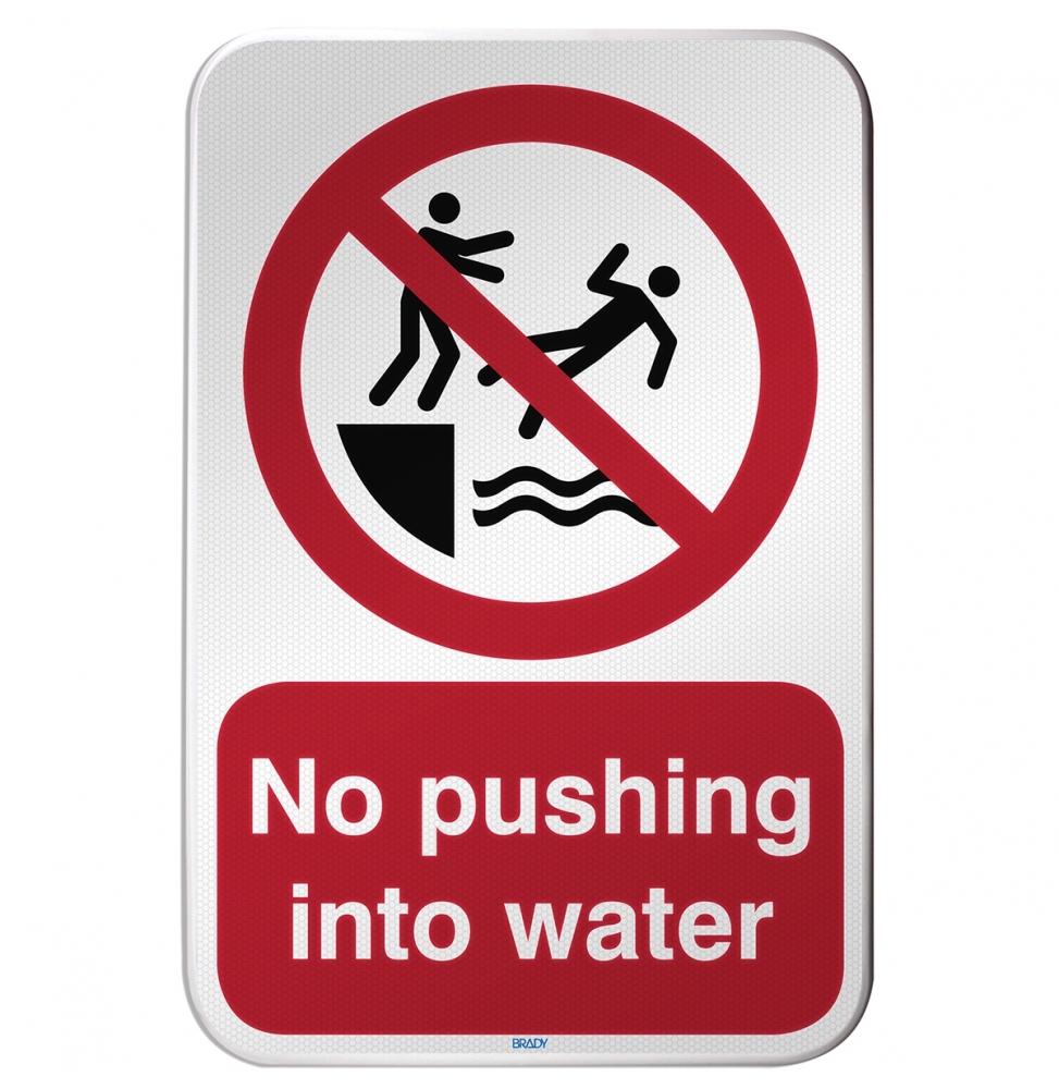 Znak bezpieczeństwa ISO – Zakaz spychania do wody, P/P062/DE345/RFLBD-400X600-1