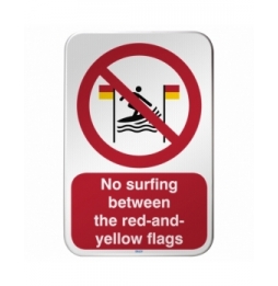Znak bezpieczeństwa ISO – Zakaz surfowania między czerwonymi a żółtymi flagami, P/P064/DE347/RFLBD-400X600-1