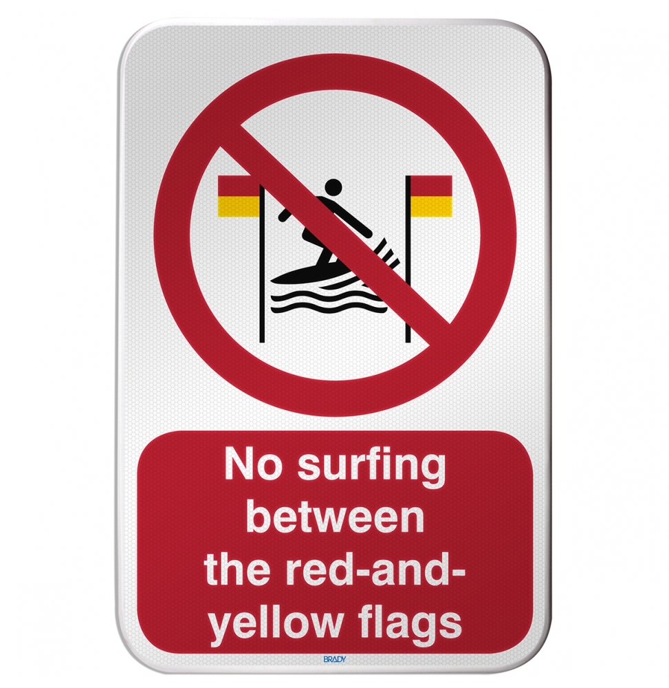 Znak bezpieczeństwa ISO – Zakaz surfowania między czerwonymi a żółtymi flagami, P/P064/DE347/RFLBD-400X600-1