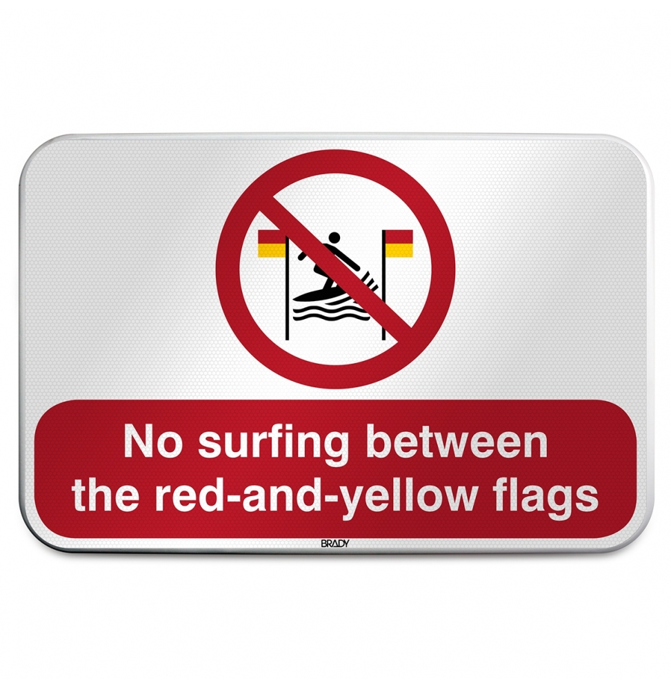 Znak bezpieczeństwa ISO – Zakaz surfowania między czerwonymi a żółtymi flagami, P/P064/DE347/RFLBD-600X400-1