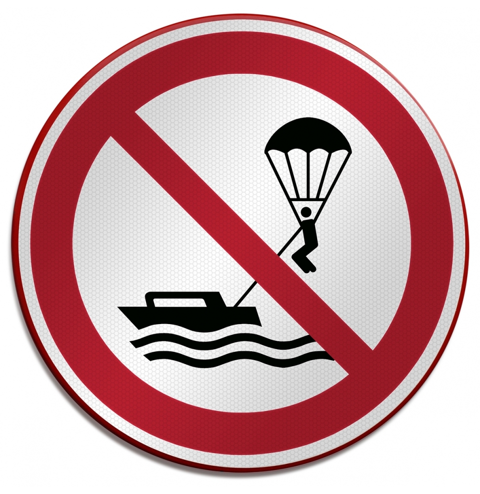 Znak bezpieczeństwa ISO – Zakaz uprawiania parasailingu, P/P066/FR702/RFLBD-400X600-1