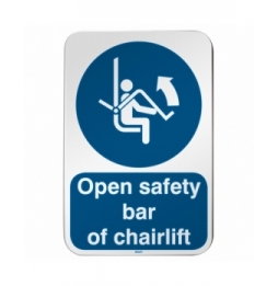 Znak bezpieczeństwa ISO – Nakaz otwarcia zabezpieczenia krzesełka wyciągu, M/M034/EN452/RLFBD-400X600-1