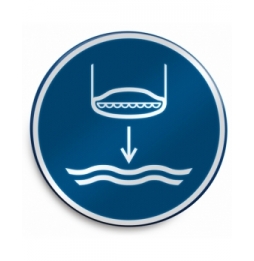 Znak bezpieczeństwa ISO – Opuścić na wodę łódź ratunkową zgodnie z procedurą …, M/M039/NT/RLFBD-DIA400-1