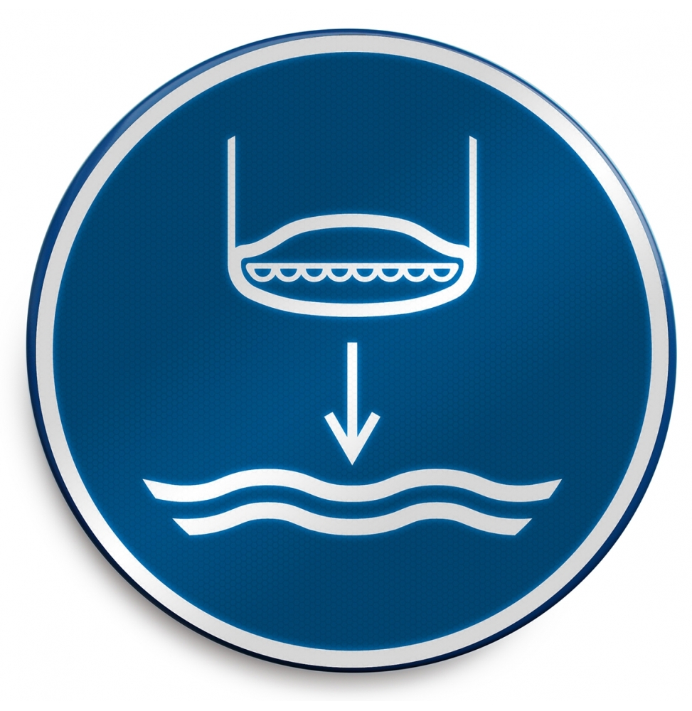 Znak bezpieczeństwa ISO – Opuścić na wodę łódź ratunkową zgodnie z procedurą …, M/M039/NT/RLFBD-DIA400-1
