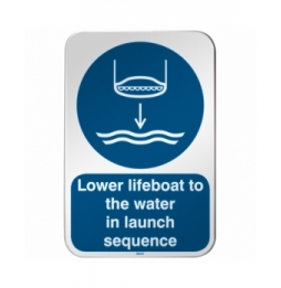 Znak bezpieczeństwa ISO – Opuścić na wodę łódź ratunkową zgodnie z procedurą …, M/M039/EN457/RLFBD-400X600-1
